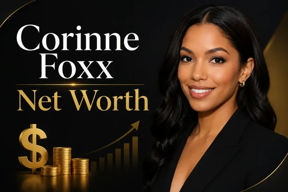 Corinne Foxx in a black blazer smiling alongside text reading Corinne Foxx Net Worth with gold coins and financial growth chart