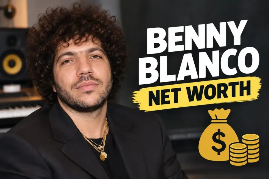 Music producer Benny Blanco in his studio with text graphic reading Benny Blanco Net Worth