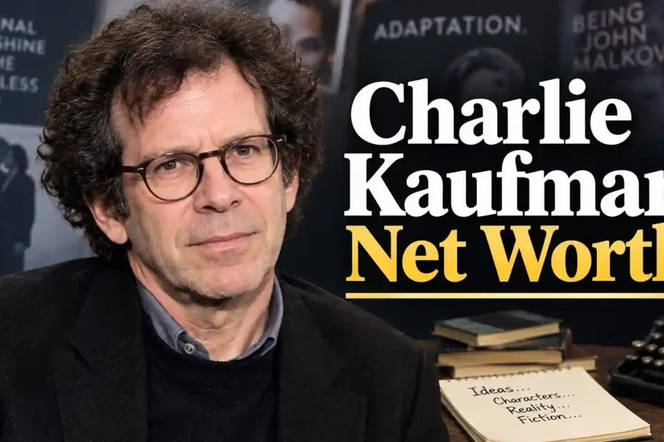 Oscar-winning screenwriter Charlie Kaufman with text reading Charlie Kaufman Net Worth and posters of his iconic films.