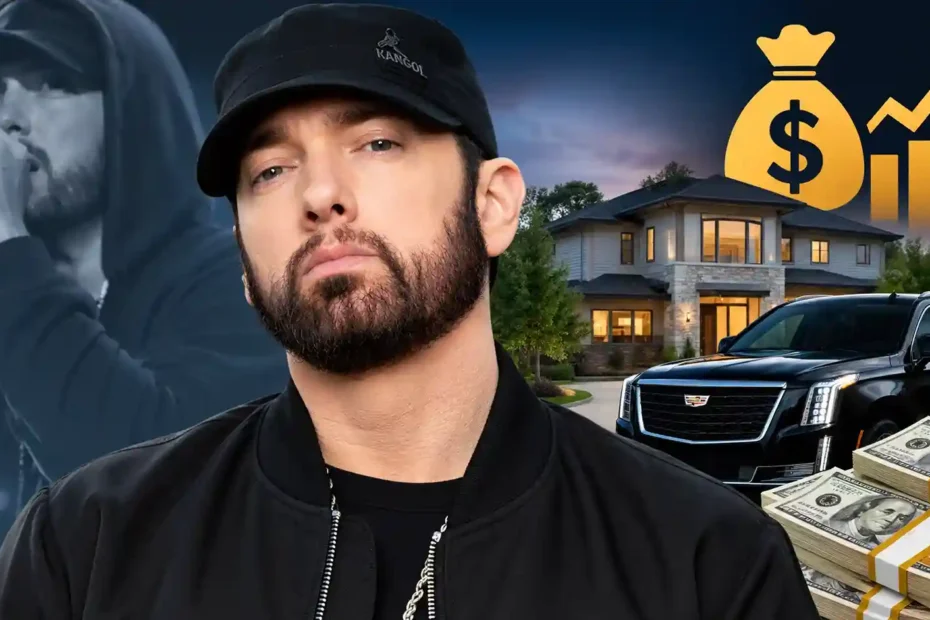 Eminem in black cap and jacket posing with luxury mansion, black Cadillac Escalade, stacks of cash, and growing wealth icon illustrating his net worth