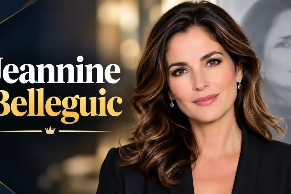 A portrait of a brunette woman representing Jeannine Belleguic with wavy hair and a black blazer, featuring stylish white and gold typography of her name on a dark background.