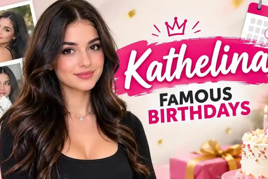 Kathelina smiling in a black top with long wavy dark hair, featuring small polaroid-style photos of her, a birthday cake with candles, gifts, and the text “Kathelina Famous Birthdays” in a festive pink design.