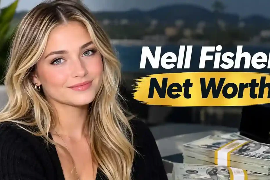 Feature visual graphic displaying text 'Nell Fisher Net Worth' alongside money stacks, highlighting the Stranger Things actress earnings and film career.
