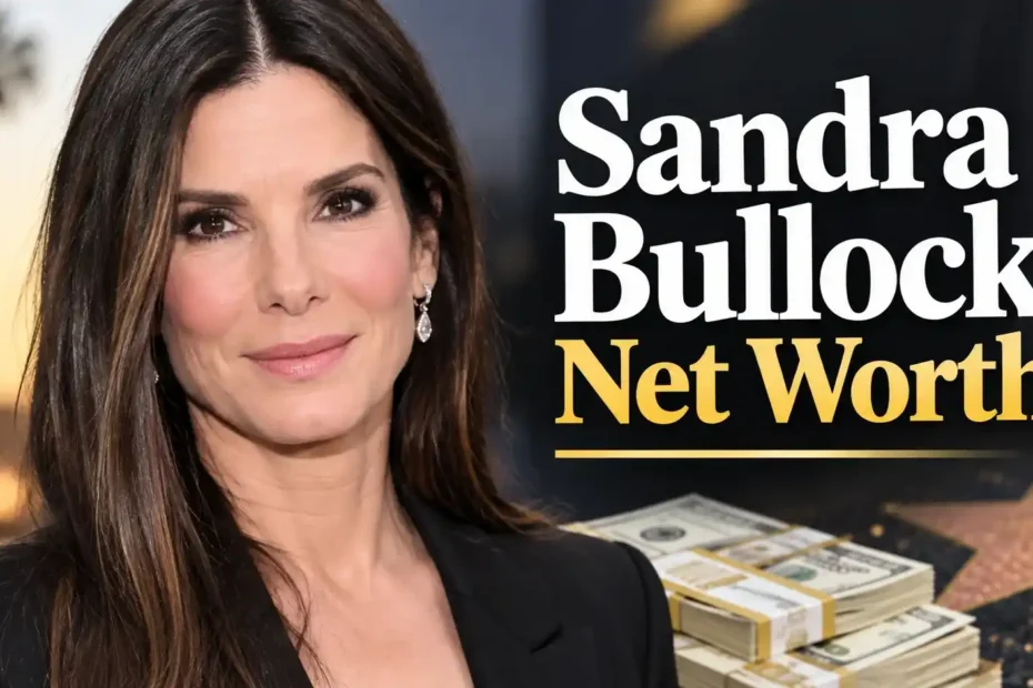 Sandra Bullock net worth 2026 portrait with cash stacks and Hollywood Walk of Fame stars