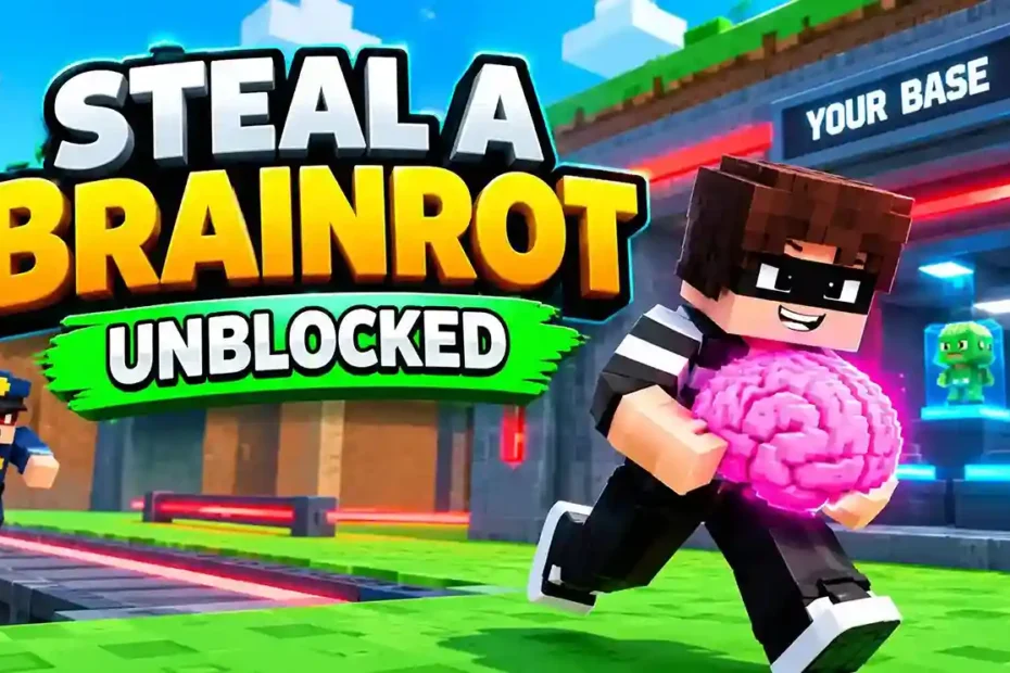 Steal a Brainrot Unblocked: The Complete Player's Guide You Actually Need 1 Minecraft-style character carrying a glowing pink brain item in Steal a Brainrot Unblocked while being chased by a guard