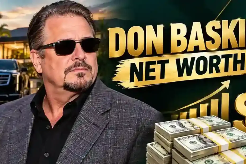 Portrait of Don Baskin in sunglasses and a blazer, featuring text overlay "Don Baskin Net Worth," stacks of hundred-dollar bills, a luxury SUV, and a mansion background.