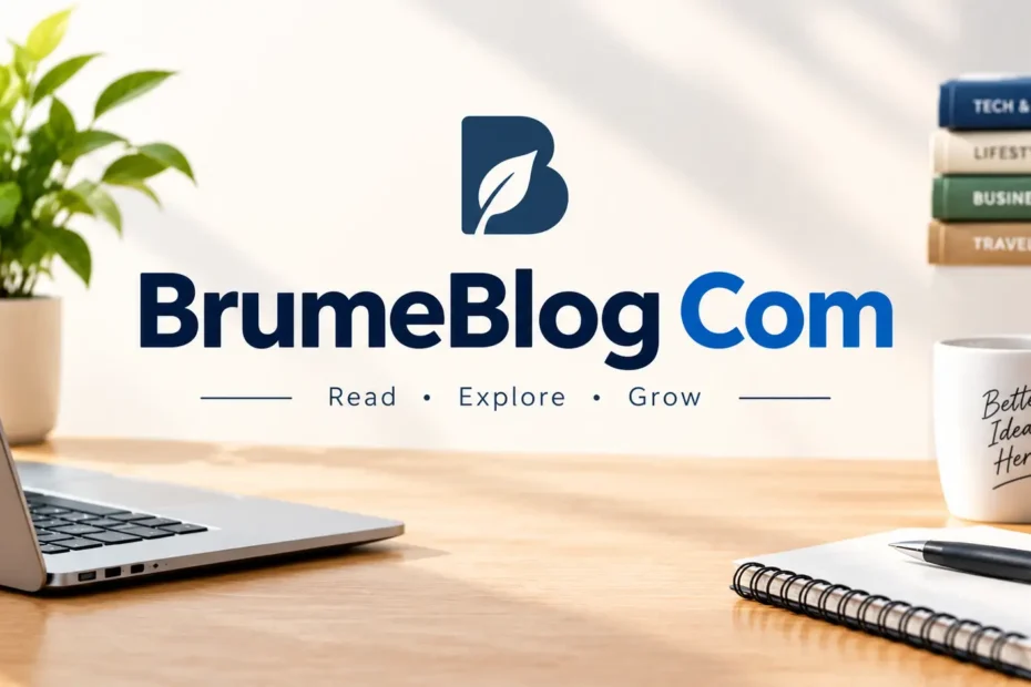 What Is BrumeBlog Com and Why It's Worth a Bookmark 1 BrumeBlog Com blog website branding with a laptop, notebook, books, and a modern workspace