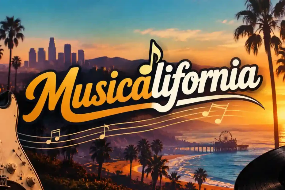 Musicalifornia: A Complete Guide to California's Music Scene, Culture, and History 29 Musicalifornia music-themed design featuring a California sunset, palm trees, guitar, and ocean