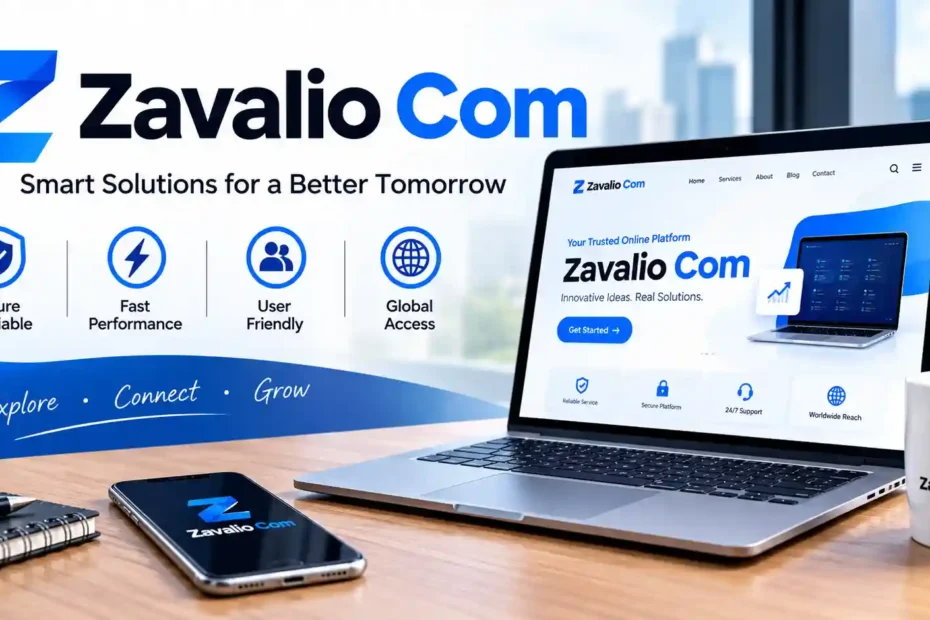Zavalio Com digital platform featuring modern technology, a laptop, and smart online solutions.
