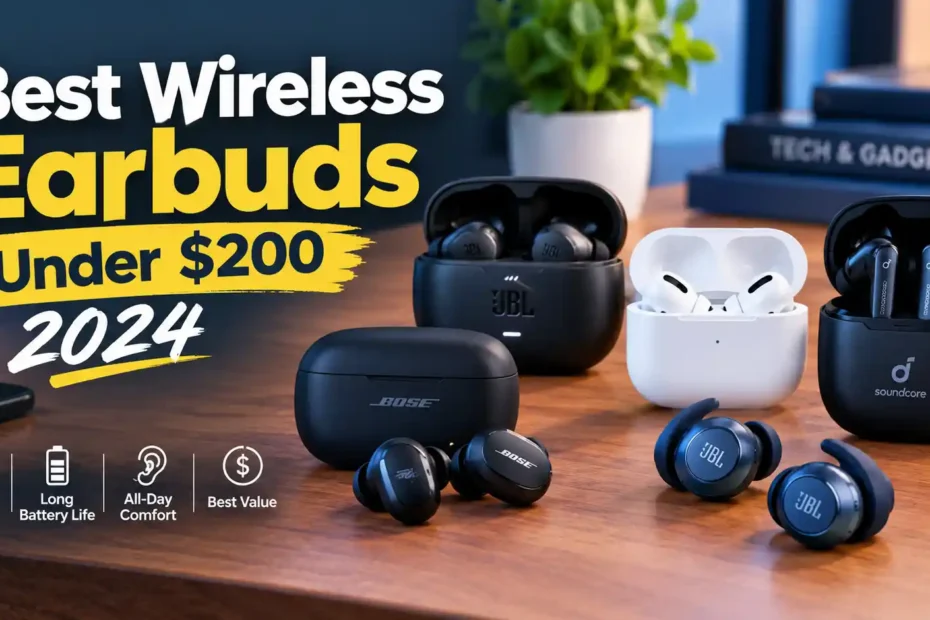 Best Wireless Earbuds Under 200 Dollars in 2024: A Practical Buyer's Guide 13 Best wireless earbuds under 200 dollars in 2024 featuring JBL, Bose, Soundcore, and AirPods-style earbuds.
