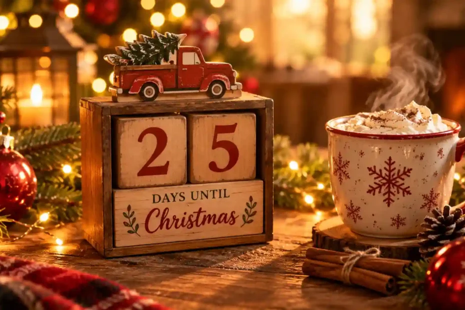 A wooden holiday desk calendar surrounded by winter pine branches, glowing fairy lights, and wrapped gifts tracking the countdown to Christmas Day.