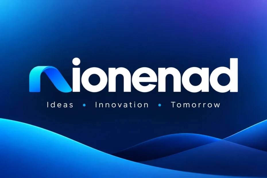 Nionenad logo featuring modern white lettering, a blue gradient icon, and an abstract wave background.