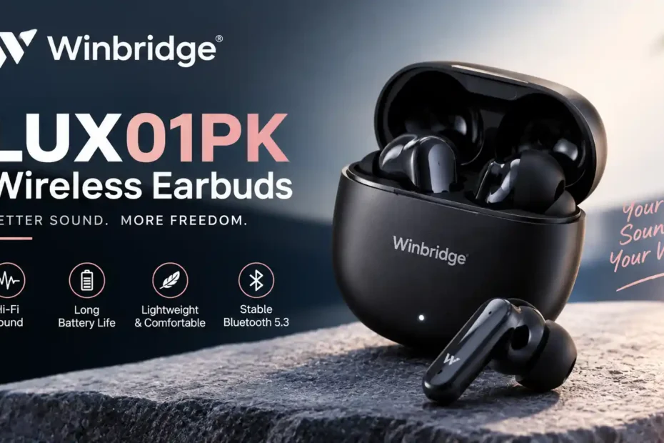 Winbridge LUX01PK wireless earbuds with black charging case