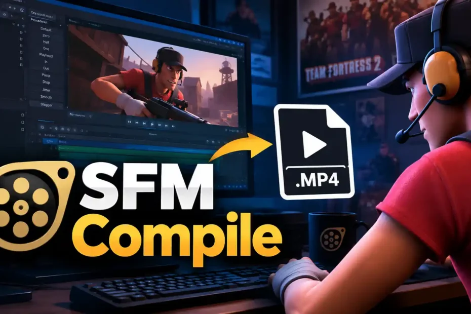 SFM Compile process in Source Filmmaker showing a 3D animation scene and MP4 video export.