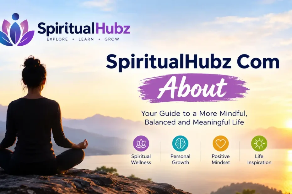 SpiritualHubz about page banner – woman meditating on mountain at sunrise with spiritual wellness icons