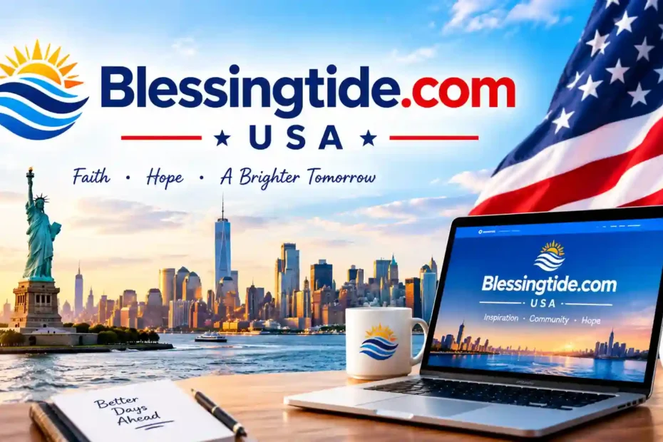 Blessingtide.com USA website banner featuring the American flag and New York City skyline.