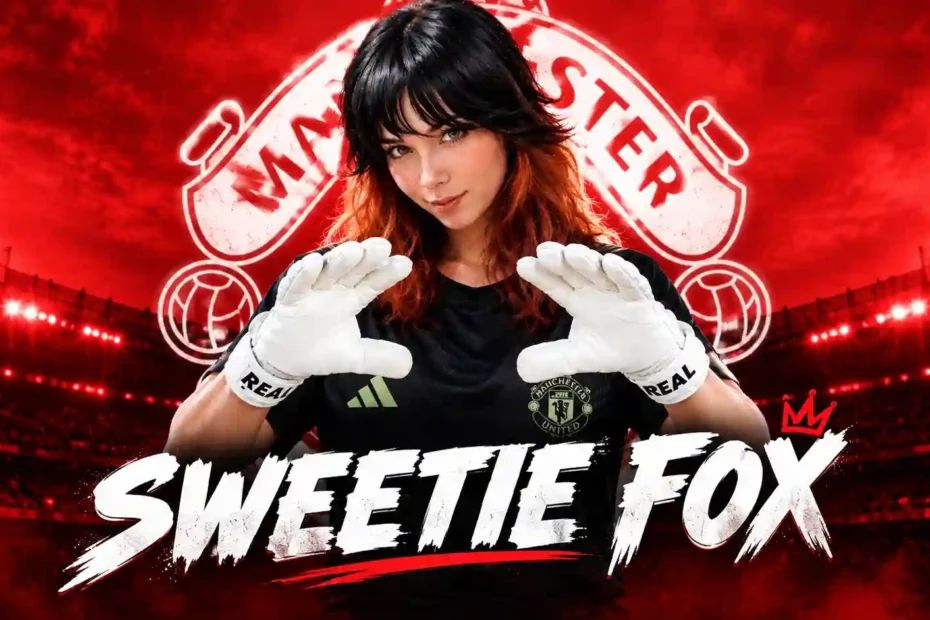 Sweetie Fox in a black sports outfit with white goalkeeper gloves against a red stadium background