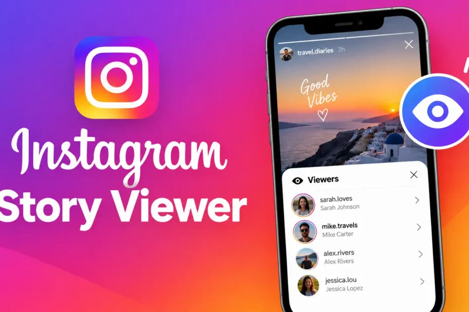 Instagram Story Viewer showing who viewed your stories with phone mockup and viewers list