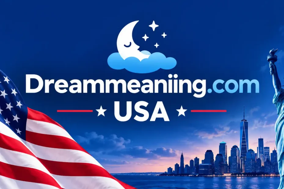Dreammeaning.com USA logo with crescent moon and stars over New York City skyline, American flag, and Statue of Liberty at night