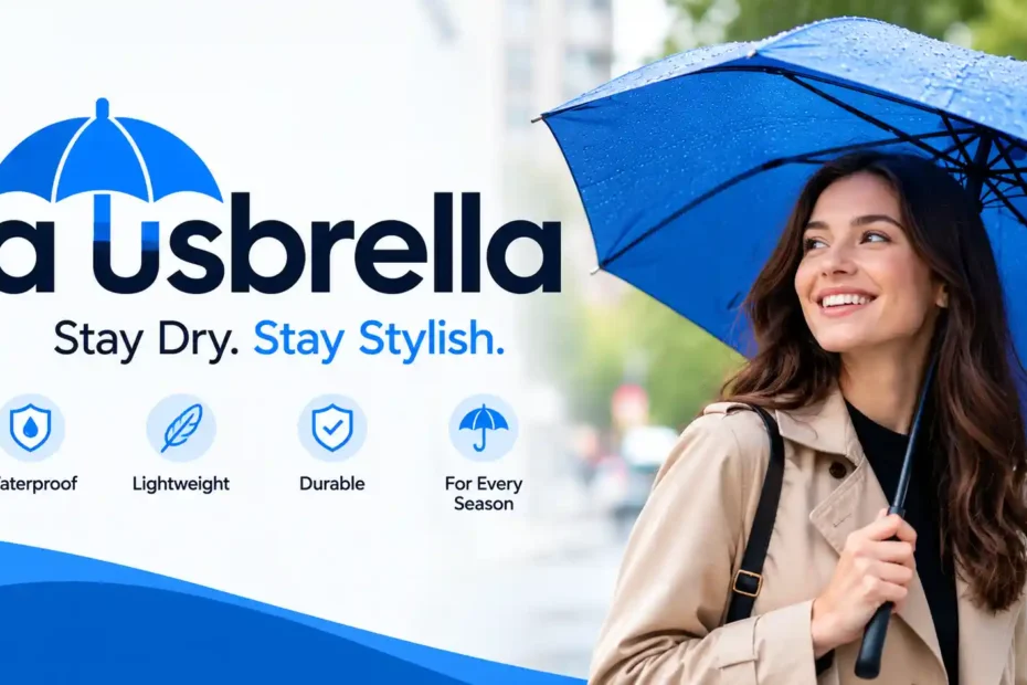 Ausbrella blue umbrella protecting a woman from the rain