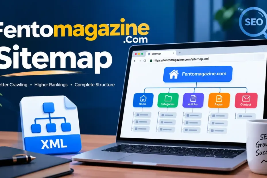 Fentomagazine Com Sitemap: Full Site Navigation Breakdown 1 Fentomagazine Com Sitemap showing website structure, XML sitemap, pages, categories, and SEO organization on a laptop.