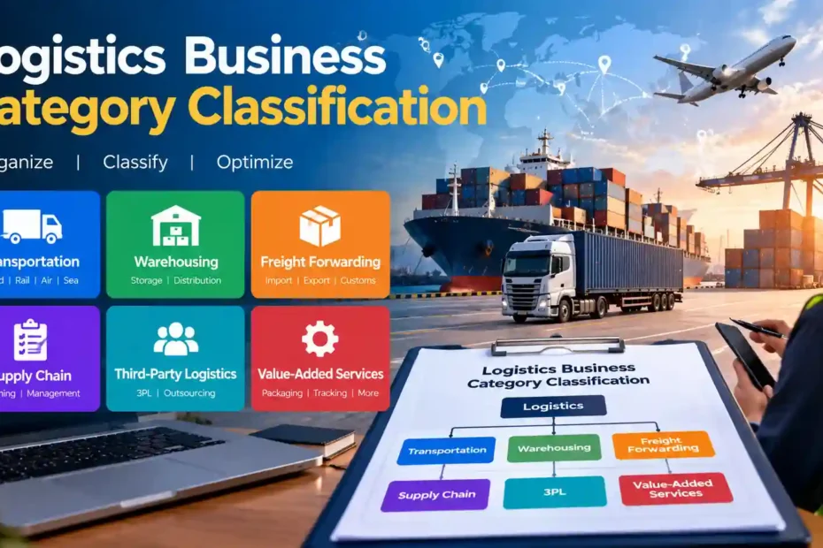 Logistics Business Category Classification Explained Simply 1 Logistics business category classification showing transportation, warehousing, freight forwarding, supply chain, third-party logistics, and value-added services.