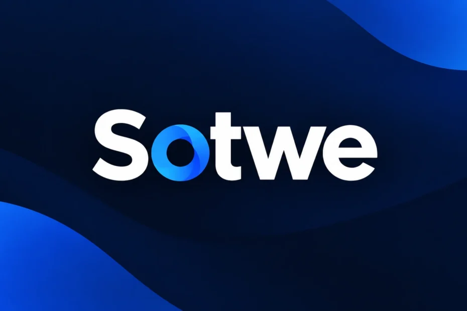 Sotwe logo – modern white wordmark with blue gradient O on dark blue abstract wave background