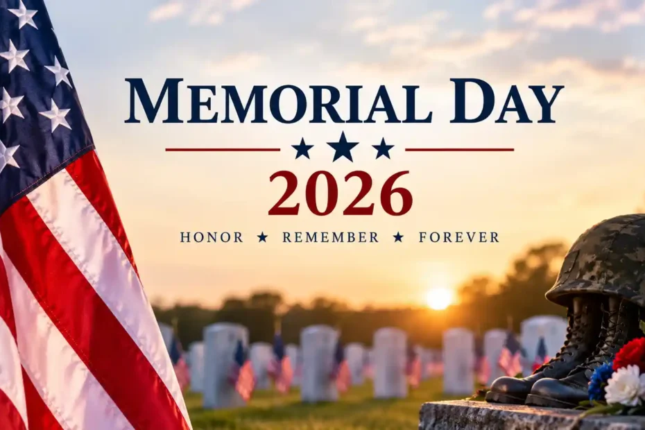 Memorial Day 2026 patriotic graphic showing American flag, military boots, helmet, flowers and cemetery headstones at sunset with text Honor Remember Forever