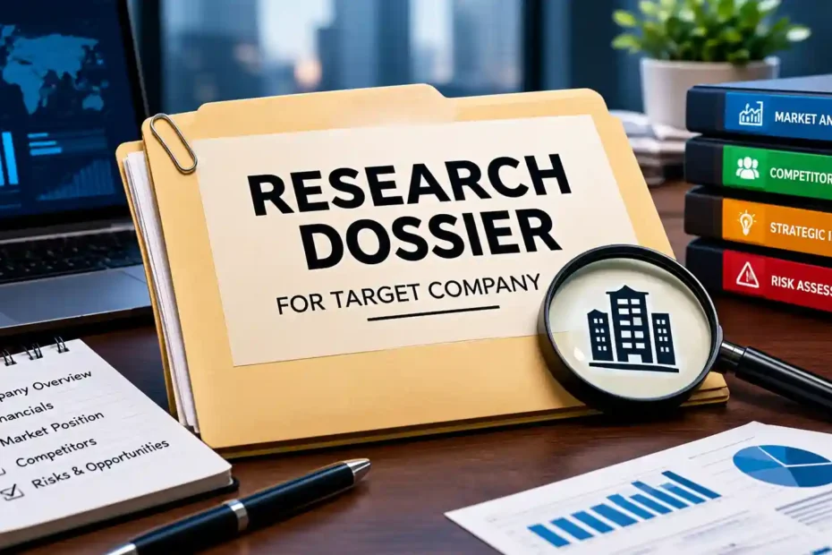 Corporate intelligence research dossier for target company containing financial reports, ownership maps, and risk assessments