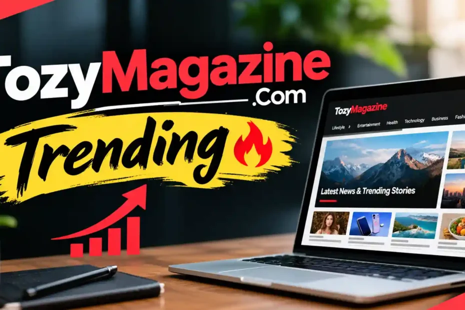 TozyMagazine.com trending online magazine homepage on laptop with red growth arrow and fire icon showing latest news stories