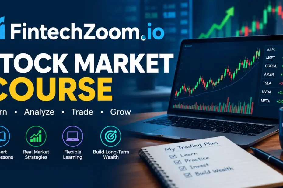 Laptop showing stock market charts for the fintechzoom.io stock market course review