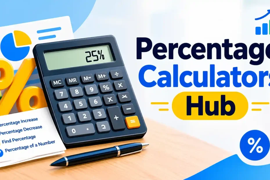 Percentage calculators hub displayed on laptop and smartphone with formulas and discount calculations
